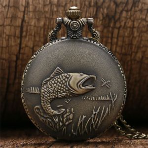 Brons vintage vis patroon zak horloge quartz analoge display met ketting ketting klok voor mannen vrouwen geschenken aan kinderen