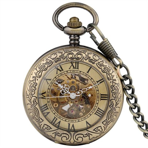 Montre de poche Vintage en Bronze, chiffres romains, squelette, montres mécaniques automatiques pour hommes et femmes, horloge à remontage automatique, chaîne pendentif FOB220f