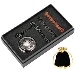 Reloj de bolsillo Unisex con cuerda manual mecánica y esqueleto Vintage de bronce, relojes con esfera analógica y números arábigos para hombres y mujeres, Set de regalo 228C