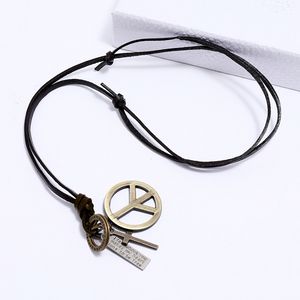 Bronze wereld vredessymbool hangsel ketting brief id ring kruis charme verstelbare ketting lederen kettingen voor vrouwen mannen mode sieraden cadeau