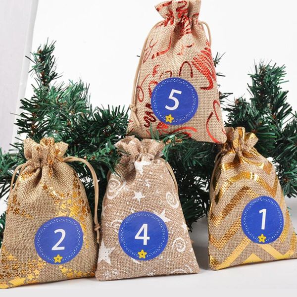 Sac cadeau de Noël en lin bronzant Poche à cordon Emballage en coton Ensemble d'autocollants numériques-ABUX Wrap