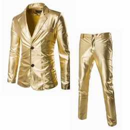 Bronzing glanzende gouden zilveren pakken blazer mannen faux leer dunne pak broek zwarte mode bruiloft feest podium kostuums 240515