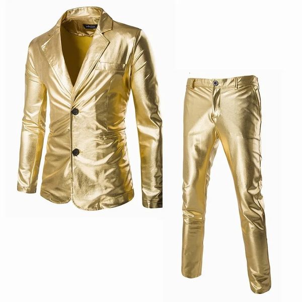 Bronzing Shiny Gold Silver Costumes Blazer Men Faux Tox Cuir Gin Suit Pantal