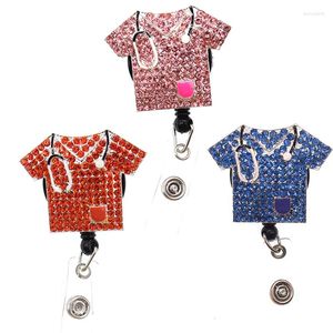 Broches 10 pièces/lot rose bleu et Orange strass gommage porte-Badge rétractable pour cadeaux bobines de carte d'identité