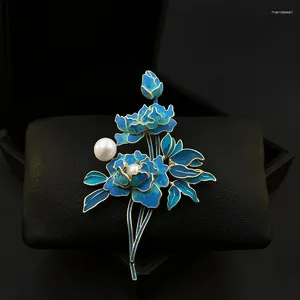 Broches 1878 Style national classique Matte Blue Fleur de pivoine Broche Femme Chinois Cheongsam Vintage Corsage Suit en émail