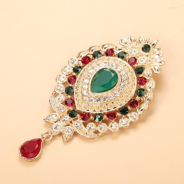 Broches 2023 Mode Boho Couronne Pierre Verte Broche Pour Femmes Couleur Or Plein Cristal Bijoux De Mariage Marocain Cadeau De Mariée Africaine