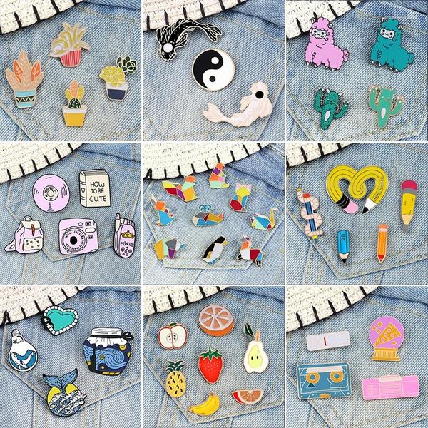 Broches 3-9 piezas Art Origami Animal Broche Conjunto Taiji Koi Pez Esmalte Pines Creativo Mochila Lápices Insignia Oveja Cactus Planta Pin Joyería