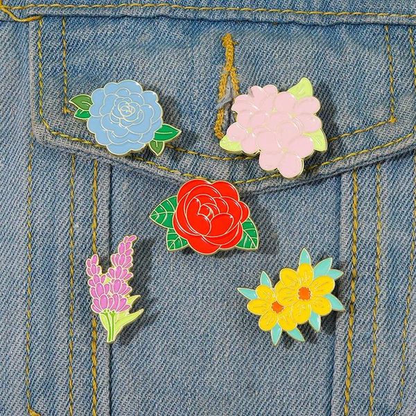 Broches 5 uds planta creativa para mujer moda lirio violeta flor esmalte Pin bolsa ropa insignia Accesorios