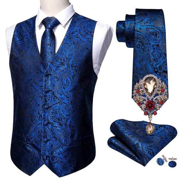 Broches 5 pièces concepteur hommes costume de mariage gilet bleu marine Paisley Jacquard Folral soie gilet cravate broches gilet ensemble Barry.Wang marié