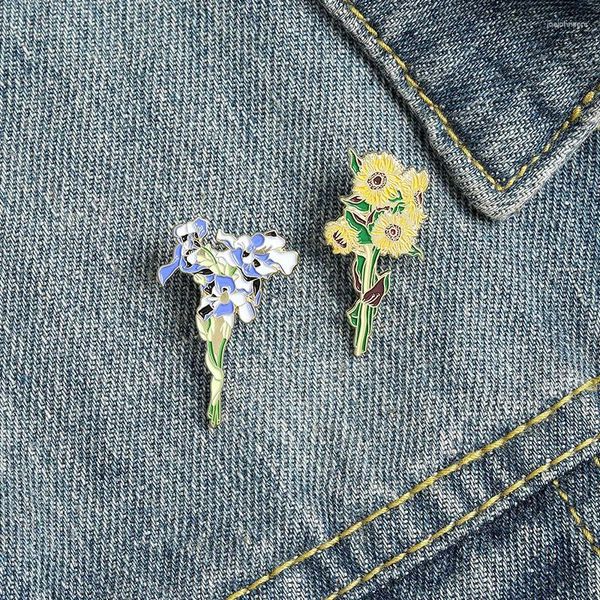 Broches un bouquet de lys violets et de tournesols en émail, créativité, fleurs de personnalité, épingles en alliage, bijoux cadeaux pour ami