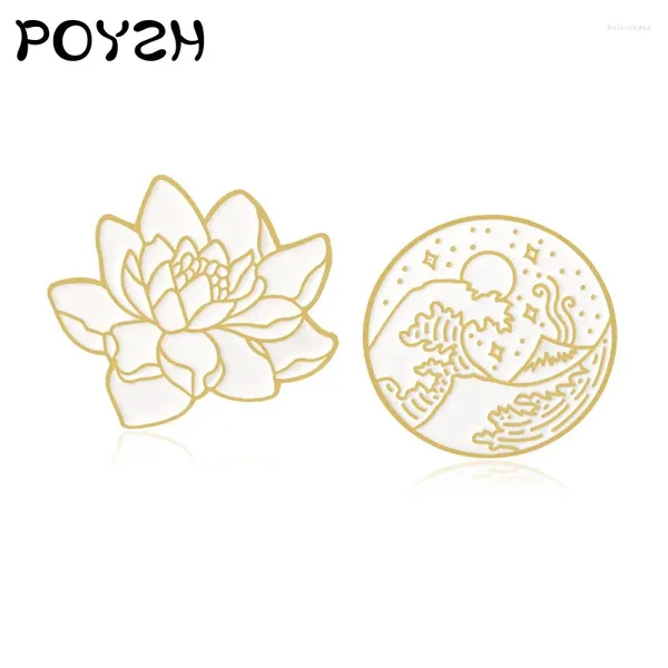 Broches Résumé Ligne Modèle Broche Lotus Flower Circular Ematel Pin Fujiyama Sea Wave Stars Badge Moon Culture Japonais Bijoux Spille