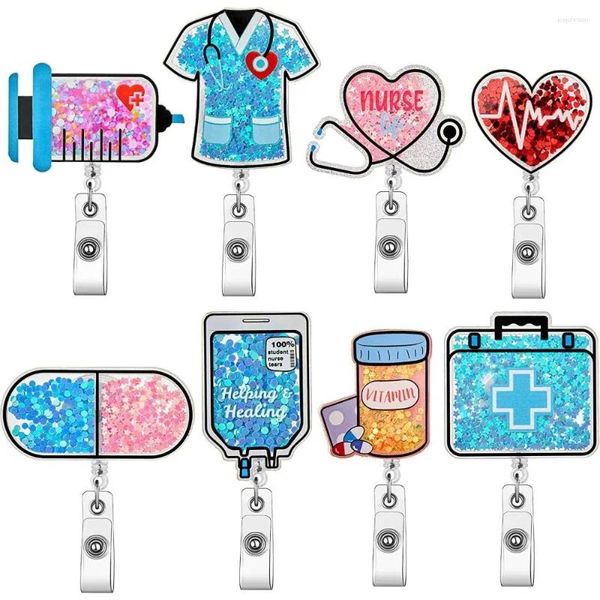 Broches en acrylique rétractable Badge Reel ID Clips Clips Chill Holder Glitter Work Nom