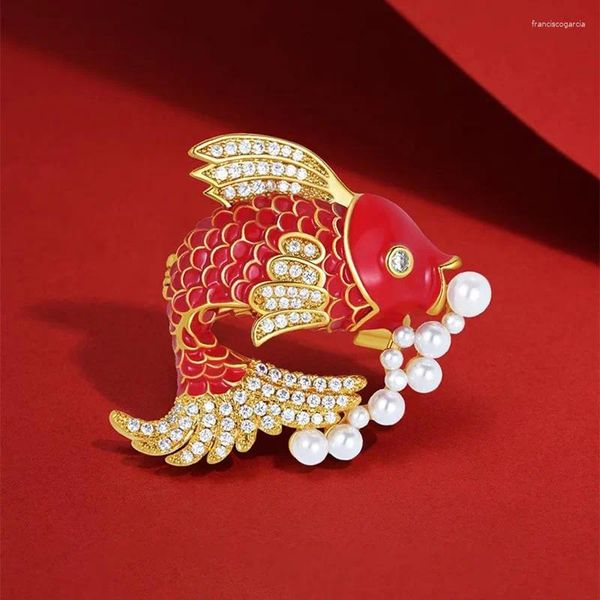Broches Ajojewel Red Fish Koi Carp Brooch With Pearls Rhinestone Lucky Golden Chinese Bijoux Beau idées cadeaux