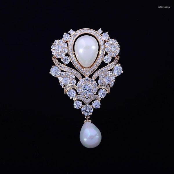 Broches Art Nouveau Antique Micro pavé cubique zircone blanc imité perle balancent en forme de poire Broche broches pour bijoux de mariage Broche Pin