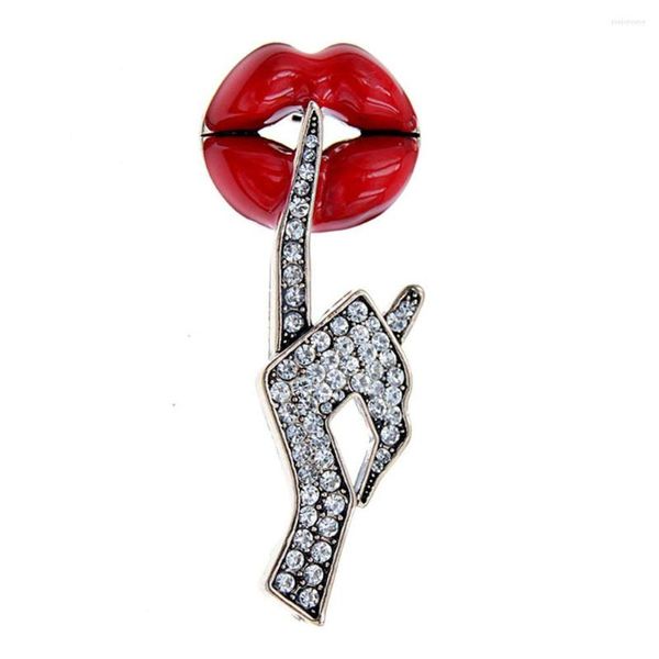 Broches Be Quiet Gesture Broche Rhinestone Mano Esmalte Labio Rojo Pin Diseño Joyería Mujeres Hombres Traje Diario Accesorios