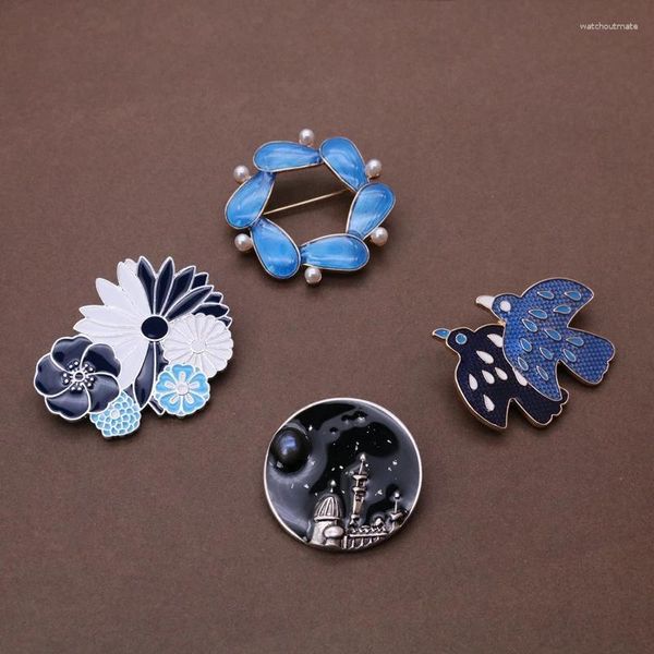 Broches Broche géométrique en émail bleu noir, épingles à bijoux pour oiseaux