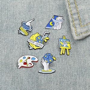 Broches Azul Cielo Estrellado Arte Broche Paleta Reloj Ballena Ventana Limón Manzana Copa De Vino Tablero De Dibujo Solapa Pin Estrella Luna Insignia