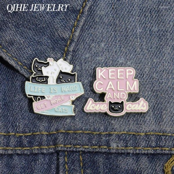 Broches dessin animé chat émail broche Animal garder le calme et l'amour chats chaton mignon broche personnalisé femmes enfant cadeau bijoux métal Badge chapeau en gros