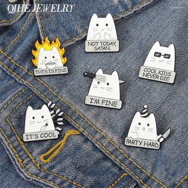 Broches dessin animé chat émail broche je vais bien citation métal mignon animaux Badge revers vêtements broche bijoux cadeau sac à dos chapeau pour amis