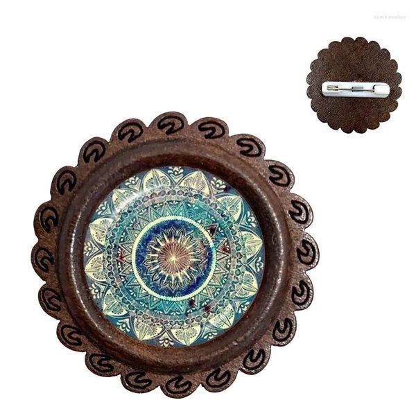 Broches Charme Mandala Bois Broche Art Photo Henné Yoga Om Symbole Zen Bouddhisme Verre Cabochon Bijoux pour Femmes Filles Collier Broches