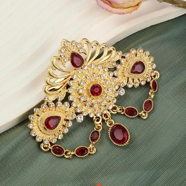 Broches Chic Red Crystal Cutout Flowers sculpd Brooch Pendentif For Arabe Women Caftan Hijab Pins Bride Wedding Bijoux
