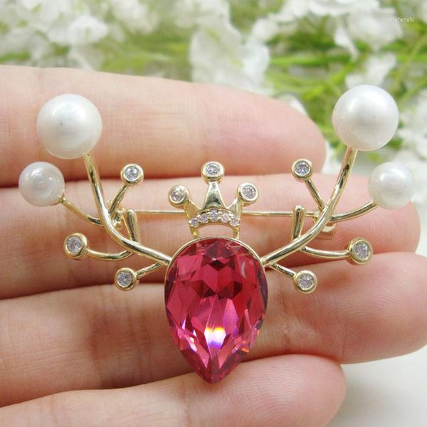 Broches de noël pour femme, jolie couronne, cœur rouge, cerf, perle, broche en cristal Zircon