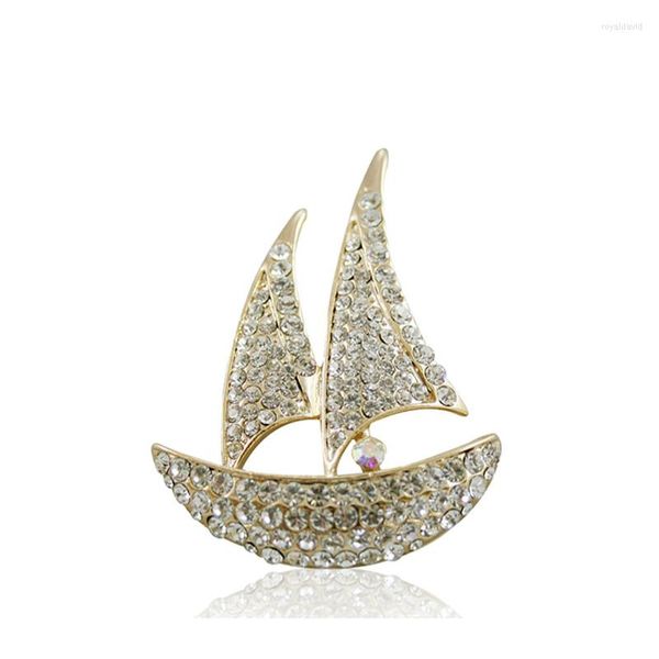 Broches Clásico Lucky Sail Boat Broche Para Mujeres Hombres Trajes Pin Calidad Brillante Cristal Rhinestone Boda 18K Chapado en oro Joyería