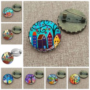 Broches Kleurrijk Huis En Boom Broche Pin Leuk Abstract Olieverfschilderij Glas Cabochon Cartoon Pins Geschenken Vrouwen