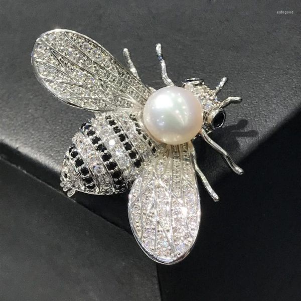 Broches lindos alfileres de abeja con broche de perla de agua dulce Natural estilo colgante para mujer joyería de moda circón cúbico