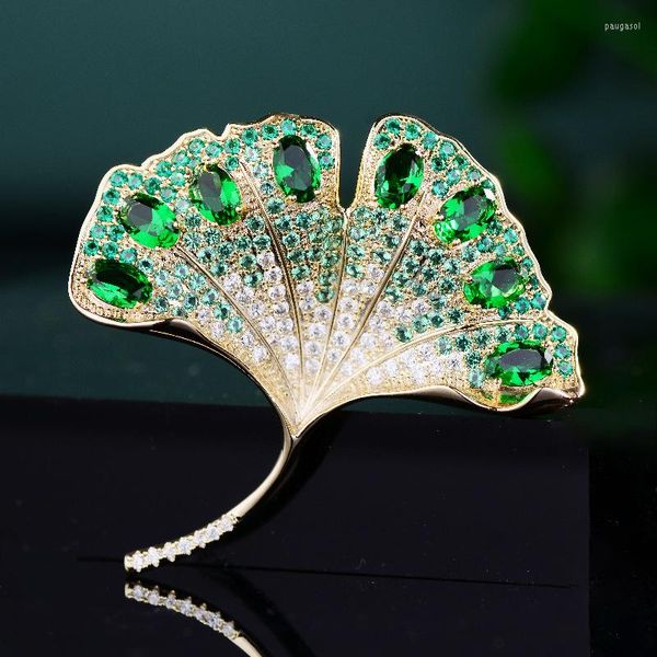 Broches Diseño Moda Declaración Ginkgo Biloba Broche Pins Para Mujeres Verde Cubic Zirconia Hoja Ramillete Bouttoniere Joyería