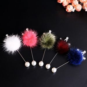 Broches de orejas de pelo de visón Real, broche de bola, alfileres, aguja larga de perla, Pin de solapa para mujer, joyería, accesorios para mujer