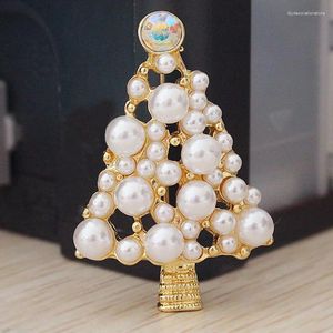 Brooches Elegant Brand Design Green Colorful Rhinestone Pearl Xmas Christmas Tree Brooch Badge Gift