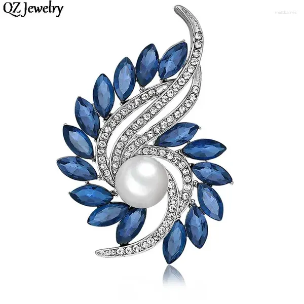 Broches élégantes en cristal, perle, fleur, strass, Badge bleu pour femmes, bijoux de fête de mariage