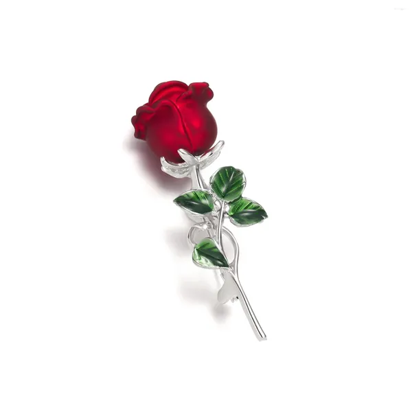 Broches élégantes fleur de rose rouge émail pour femmes charme les épingles de revers de bouquet minces