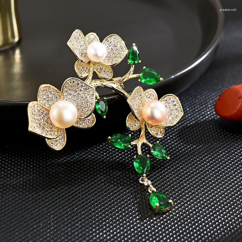 Brooches Elegant Phalaenopsis Tassel Woman Luxury Zircon Natural Freshwater Pearls Fashion Suit Pin Birthday Gifts For Friends