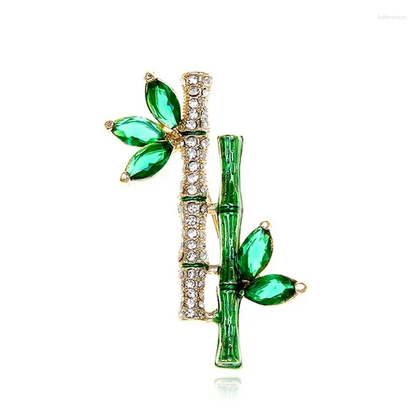Broches elegantes de Retro verde para mujer, broche de planta de bambú, Pin de diamantes de imitación de lujo, accesorios para Collar, regalos de joyería