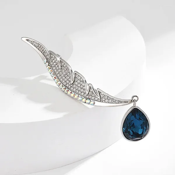 Broches Elegant Hingestone Feather Brooch Women's Luxury Blue Crystal Tassel Exquisite Wedding Gift Robe Accessoires Bijoux