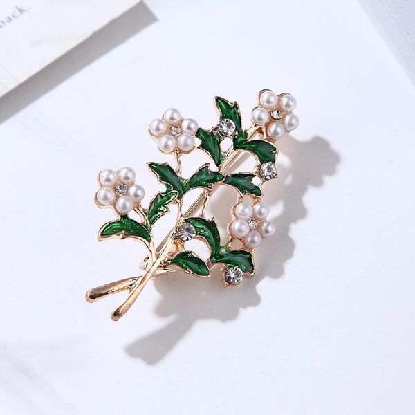 Broches émail feuilles vertes strass pour femme fête de mariage perle arbre plante broche pull chapeau vêtements Corsage bijoux quotidiens