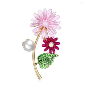 Broches émail rose marguerite fleur broche broches pour femmes feuille verte plante mariages Bouquet vêtements bijoux accessoires