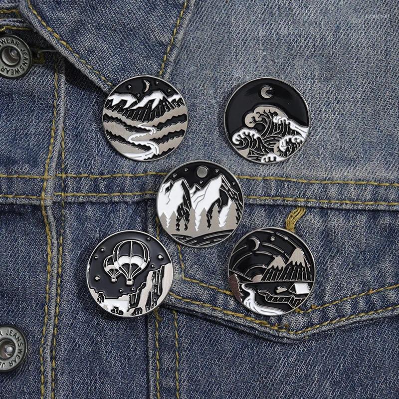 Brooches Fashion Nature Enamel Pins Snowy Mountains Sea Sunrise Air Balloon Alloy Brooch Camping Club Lapel Jewelry Gift For Friends