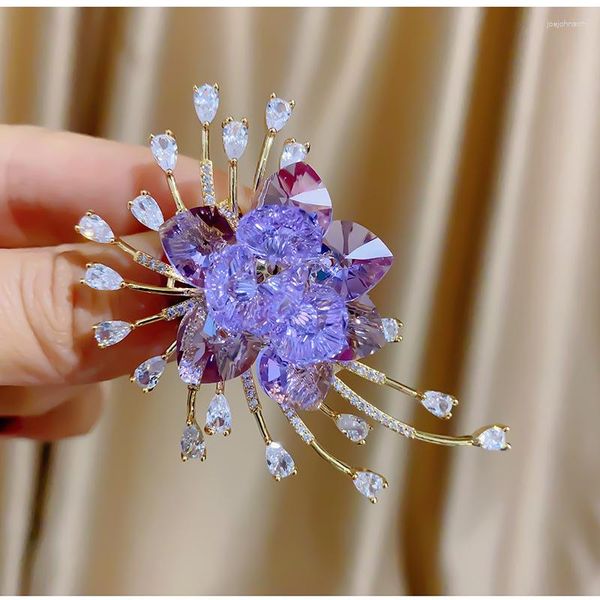 Broches Mode Noble Violet Cristal Autrichien Fleur Broche De Luxe Zircon Plaqué Or Broche Vêtements Accessoires Femmes Broches