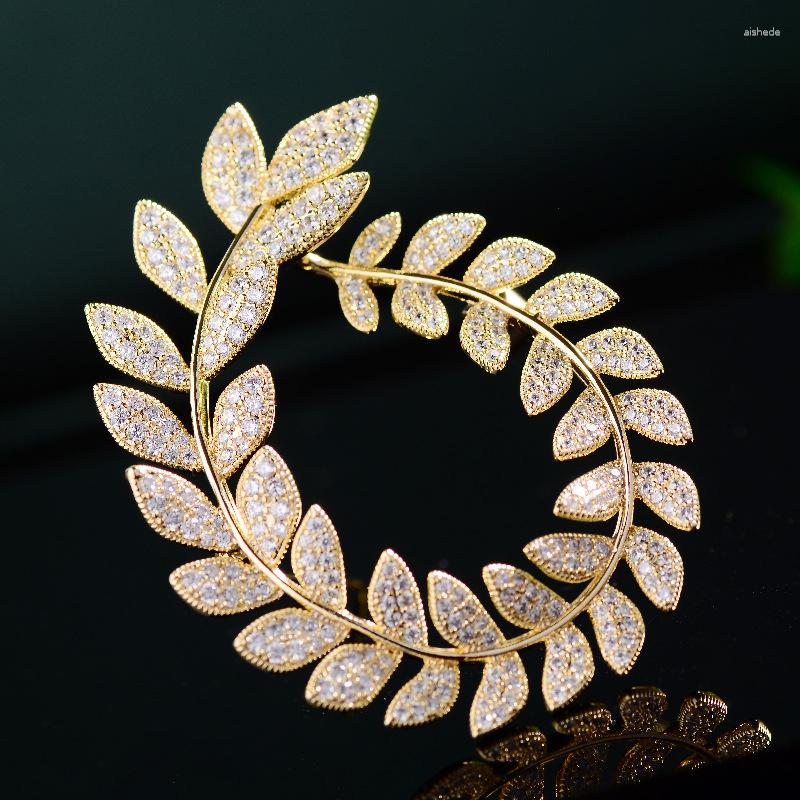 Brosches mode retro olivgren blad stift lyx full zirkon brosch eleganta växtkläder tillbehör krans corsage smycken