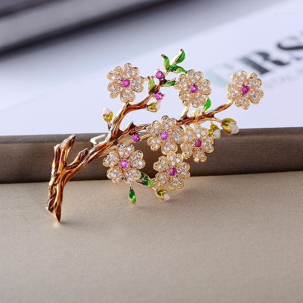 Broches mode Vintage fleur de prunier fleur cubique zircone broche dame écharpe boucle bijoux accessoire pour les femmes XR02493D