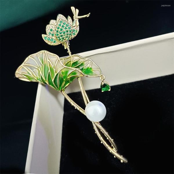 Broches à la mode et frais émail coloré feuille de Lotus broche printemps été costume veste vert Zircon plante broche bijoux