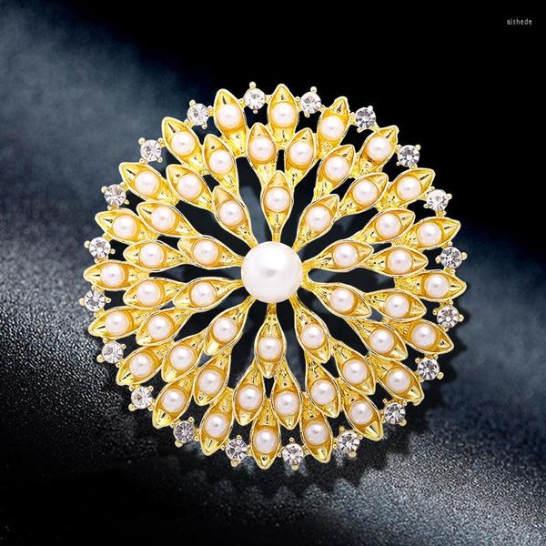 Broches femme mode perle cristal tournesol pour femmes luxe jaune or couleur alliage rond broche épingles de sûreté
