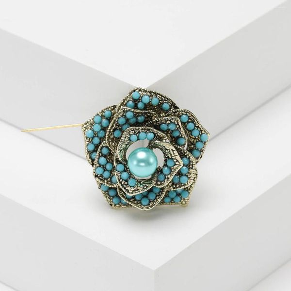 Broches femme mode Vintage Turquoise fleur pour femmes luxe couleur or alliage camélia broche épingles de sûreté