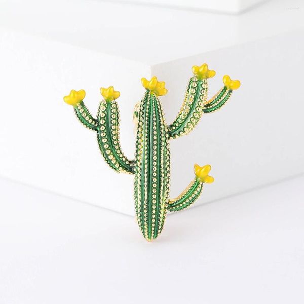 Broches femeninos simples Vintage de Cactus verde para mujer, broche de planta esmaltado de aleación de circonio de Color amarillo dorado de lujo, alfileres de seguridad