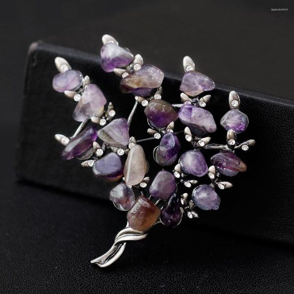 Broches femme Vintage violet opale pierre arbre pour femmes luxe couleur argent alliage plante broche épingles de sûreté