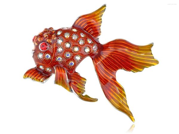 Broches Rouge Feu Orange Brillant Peinture Cristal Clair Strass Jolie Broche Poisson Rouge