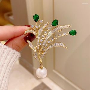 Broches pour femmes fille Imitation perle couleur or vert zircone accessoires de mode Fine fête bijoux cadeau fleur broche